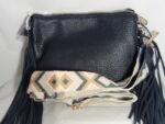 VEGAN LEATHER NAVY CROSS BODY PURSE WITH AZTEC ADJUSTABLE STRAP AND FRINGE