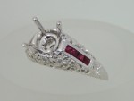 White Gold Filigree Semi Mount With Rubies And Diamonds